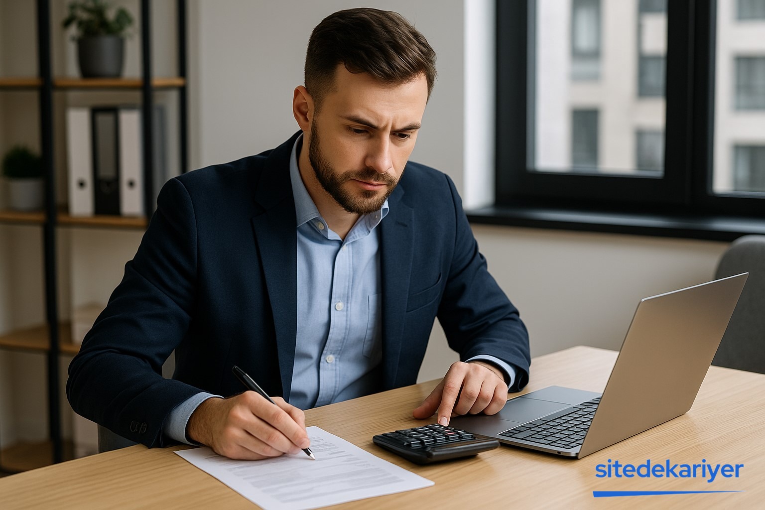 Modern iş ortamında, masa başında muhasebe işlemleriyle ilgilenen bir site yönetimi çalışanı